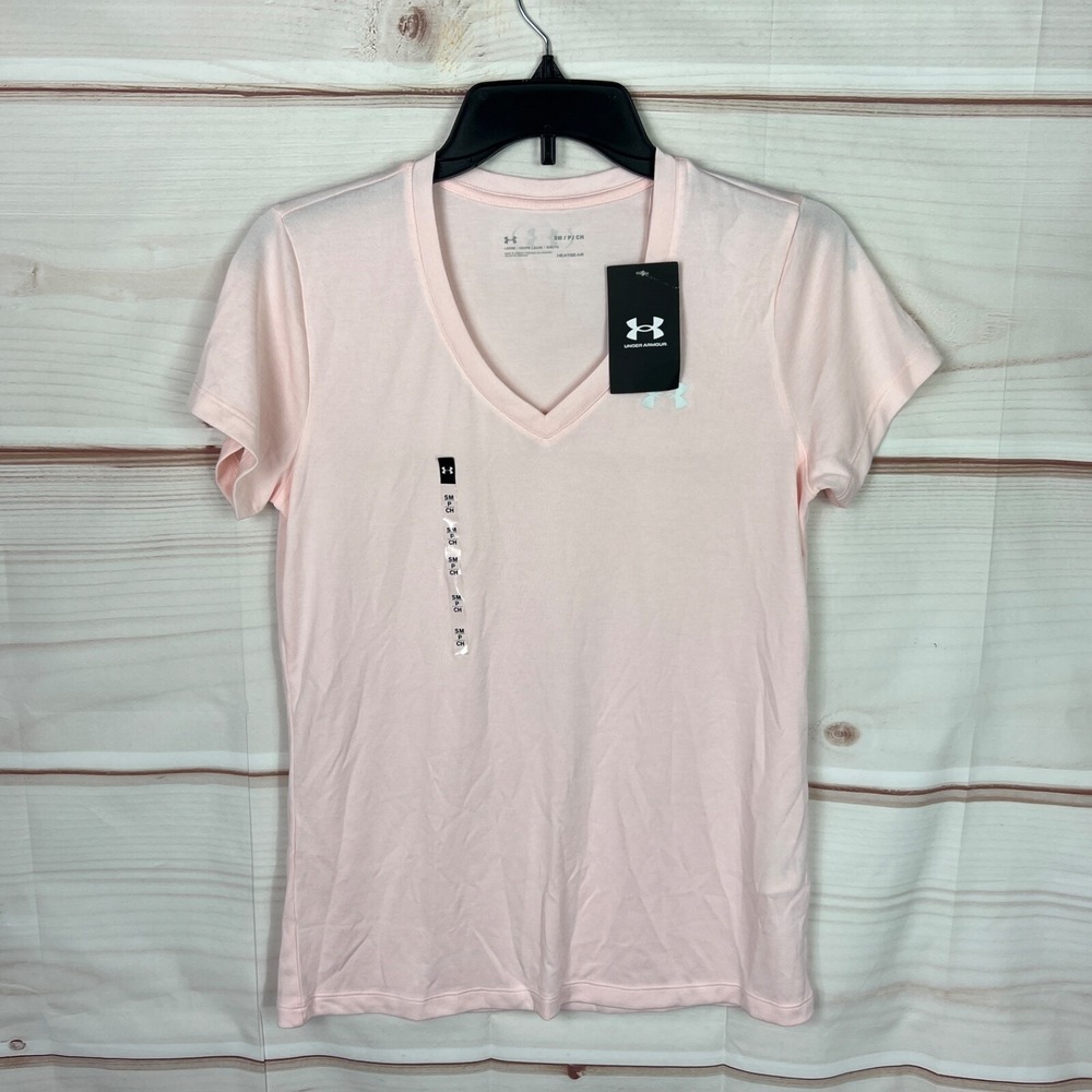 Under Armour Top Womens S Pink V-Neck T-Shirt Loose Fit Short Sleeve Performance